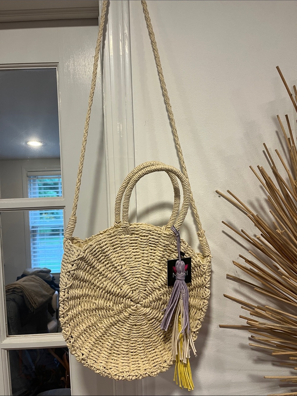 Woven Round Straw Crossbody Bag in Natural with Tassel